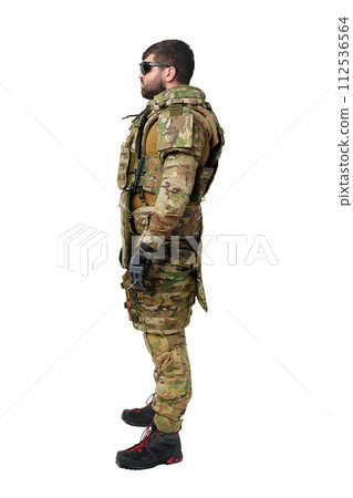 Male soldier in military ammunition isolated on white background 112536564