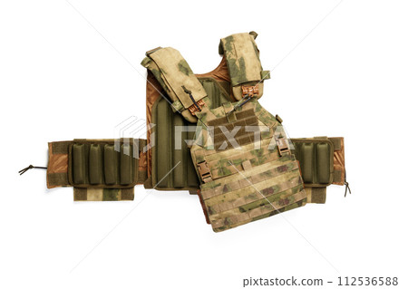 Camouflage bulletproof vest isolated on white background Camouflage bulletproof vest isolated on white background 112536588