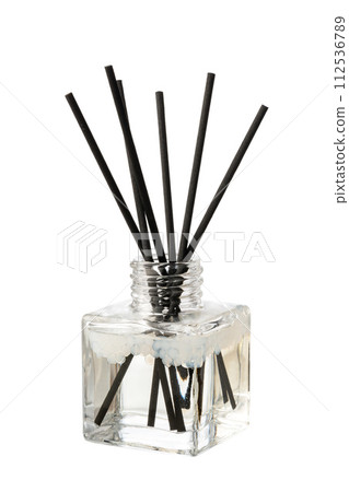 Aromatic diffuser bottle with sticks isolated on white background 112536789