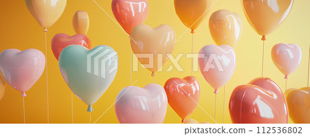 Yellow background and pastel colored balloons - 2 horizontal "AI generated images" 112536802