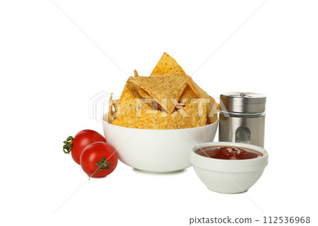 PNG, Triangular potato chips in a bowl with sauce, isolated on white background PNG, Triangular potato chips in a bowl with sauce, isolated on white background 112536968