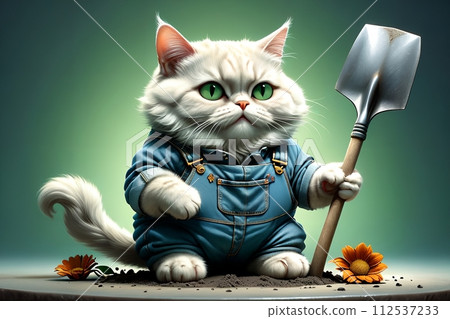 cat with a shovel isolated on a light green background 112537233
