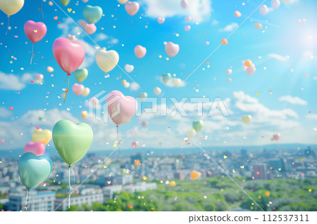Heart-shaped balloons dancing in the sky and cityscape "AI generated image" 112537311