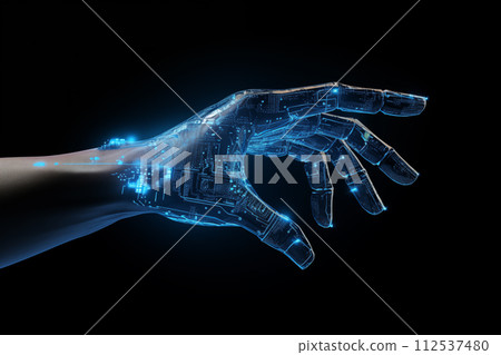 Cyborg hand with digital effect pixelate blue neon. Virtual Digital hand of Artificial Intelligence. By generate Ai 112537480