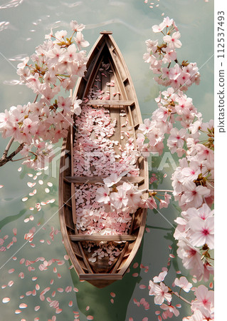 View Pastel Boat Adorned with Cherry Blooms 112537493