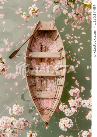 View Pastel Boat Adorned with Cherry Blooms 112537494