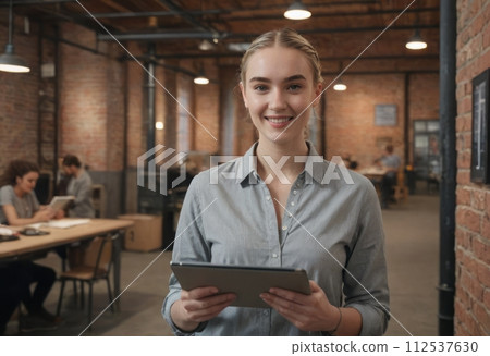 AI-generated content. Young male professional with a friendly smile in office environment. Relaxed and positive workplace vibe. 112537630