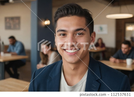 AI-generated content. Smiling young entrepreneur in a vibrant office space. Cheerful and positive business atmosphere. 112537631