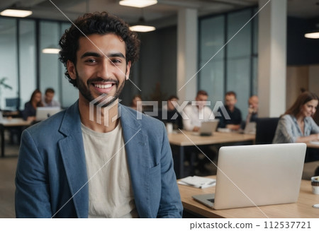 AI-generated content. Joyful male professional in a meeting room. Man with colleagues in background at work. 112537721