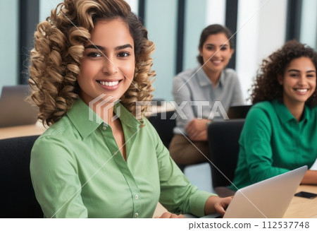 AI-generated content. Attentive woman with team in office. Group focus and collaborative work environment. 112537748
