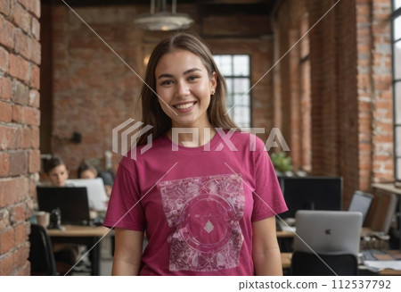 AI-generated content. Young woman smiling in a vibrant office environment. Confident and contemporary professional. 112537792