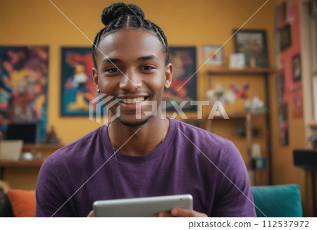 AI-generated content. Young man in purple shirt using a digital tablet in an art-filled room. Casual and connected atmosphere. 112537972