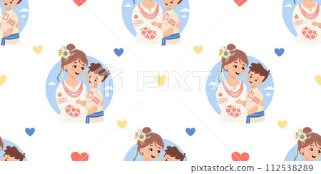Seamless pattern with Ukrainian woman mother with son in traditional clothes embroidered shirt on white background with yellow-blue hearts. Vector illustration. Festive cultural national character Seamless pattern with Ukrainian woman mother with son in traditional clothes embroidered shirt on white background with yellow-blue hearts. Vector illustration. Festive cultural national character 112538289