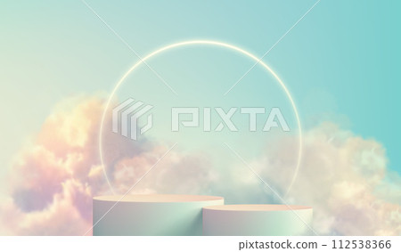 Transparent fluffy clouds form a realistic product podium stage, set against a soft pastel color background Transparent fluffy clouds form a realistic product podium stage, set against a soft pastel color background 112538366