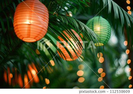 Colorful lanterns hanging in a tropical evening setting. Generative AI 112538609