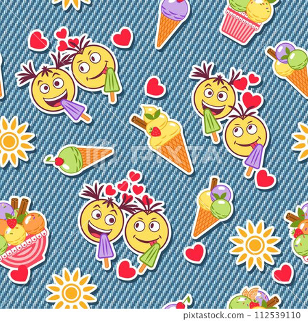 Funny seamless denim pattern with stickers with ice cream, crazy emoji love couple, sun icon, hearts. Detailed texture of blue jeans fabric on background. Summer design. 112539110