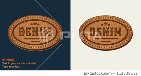 Leather textured oval label with text, stitching, rivets. Text graphic style is included. Detailed vintage illustration on dark, white background. Design element for denim style 112539112