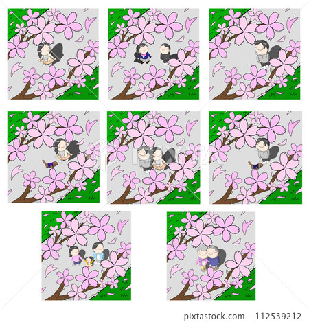 Illustration of cute cherry blossoms with people. The flow of time. Cherry blossom viewing under the cherry blossom trees. Illustration of cute cherry blossoms with people. The flow of time. Cherry blossom viewing under the cherry blossom trees. 112539212