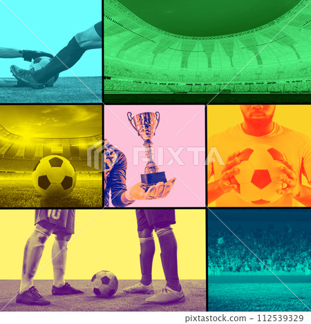 Collage of soccer-themed images including football players, stadium with tribune with fans, trophy and ball. Monochrome Collage of soccer-themed images including football players, stadium with tribune with fans, trophy and ball. Monochrome 112539329