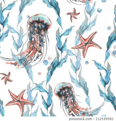 Underwater world clipart with sea animals jellyfish, starfish, bubbles and algae. Hand drawn watercolor illustration. Seamless pattern on a white background. 112539392
