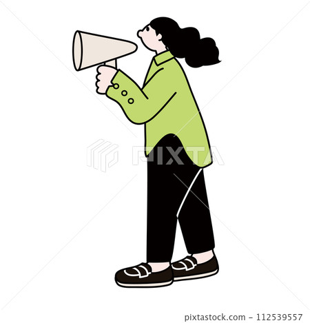 Line drawing vector of a woman with a bullhorn 112539557
