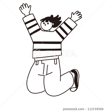 Hooray, line drawing vector of a jumping woman Hooray, line drawing vector of a jumping woman 112539560