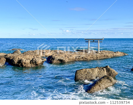 Torii of Ooarai Isosaki Shrine, A rocky shoreline with a small shrine on top of a rock Torii of Ooarai Isosaki Shrine, A rocky shoreline with a small shrine on top of a rock 112539734