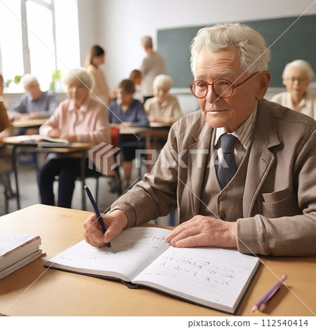 Elderly man taking lessons in a classroom 112540414