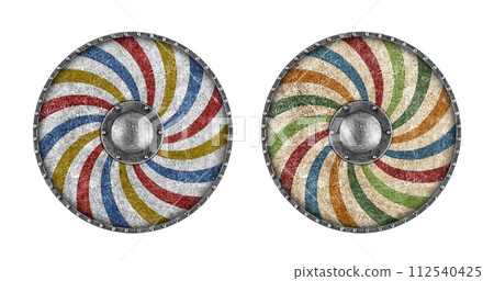 Old decorated wooden round shield isolated on white background Old decorated wooden round shield isolated on white background 112540425