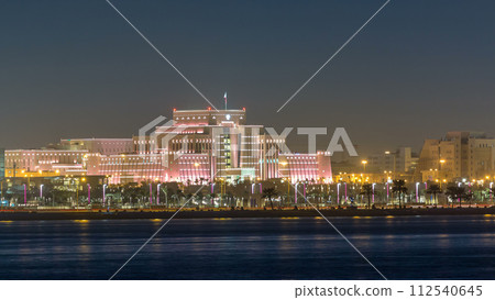 Doha skyline with Ministry of Interior night timelapse. Doha, Qatar, Middle East 112540645