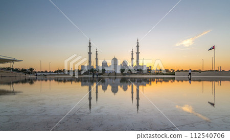 Sheikh Zayed Grand Mosque in Abu Dhabi day to night timelapse after sunset, UAE Sheikh Zayed Grand Mosque in Abu Dhabi day to night timelapse after sunset, UAE 112540706