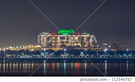 Emirates Palace illuminated at night timelapse, Abu Dhabi, United Arab Emirates 112540787