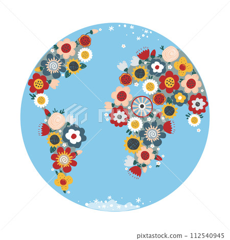 Globe with flowers at continents in cartoon doodle style. World Earth Day. Vector illustration, card, banner, poster, or placard template. April 22 Holiday 112540945