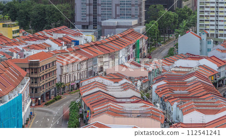 Aerial view of art deco shophouses along Neil road in Chinatown area timelapse 112541241