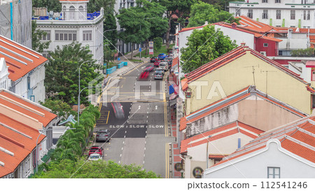 Aerial view of art deco shophouses along Neil road in Chinatown area timelapse Aerial view of art deco shophouses along Neil road in Chinatown area timelapse 112541246