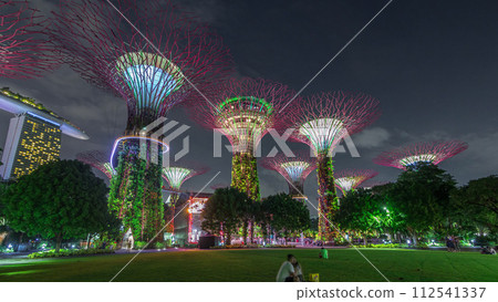 Futuristic view of amazing illumination at Garden by the Bay night timelapse hyperlapse in Singapore. 112541337