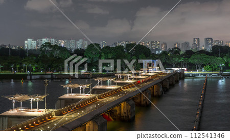 Aerial view Singapore city skyline with bridge at Marina barrage garden night timelapse. 112541346