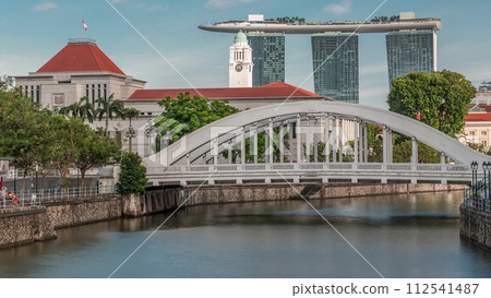 Skyline of Singapore financial district behind Elgin Bridge and the Singapore River timelapse Skyline of Singapore financial district behind Elgin Bridge and the Singapore River timelapse 112541487