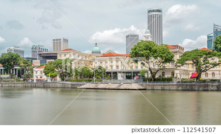 View of Singapore River with Asian Civilisation Museum and old civic district in background timelapse hyperlapse 112541507