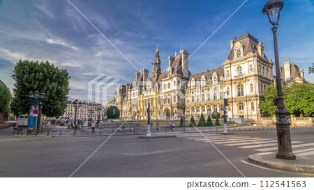 Hotel de Ville or Paris city hall timelapse hyperlapse in sunny day. Hotel de Ville or Paris city hall timelapse hyperlapse in sunny day. 112541563