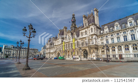 Hotel de Ville or Paris city hall timelapse hyperlapse in sunny day. 112541567