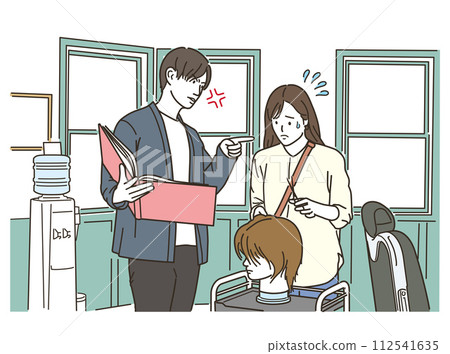 Female hairdresser gets scolded by male hairdresser while practicing haircut at beauty salon 112541635