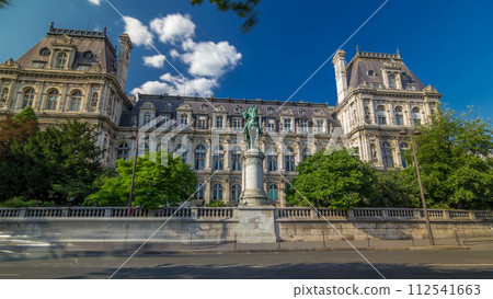 The bronze statue of Etienne Marcel proudly standing beside the Hotel de Ville timelapse hyperlapse, Paris, France The bronze statue of Etienne Marcel proudly standing beside the Hotel de Ville timelapse hyperlapse, Paris, France 112541663