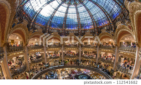 Galeries Lafayette interior from top timelapse in Paris. 112541682