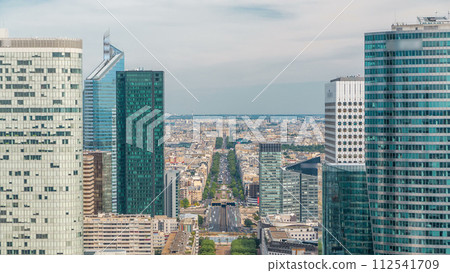 Aerial view of Paris and modern towers timelapse from the top of the skyscrapers in Paris business district La Defense Aerial view of Paris and modern towers timelapse from the top of the skyscrapers in Paris business district La Defense 112541709