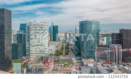 Aerial view of Paris and modern towers timelapse from the top of the skyscrapers in Paris business district La Defense 112541710
