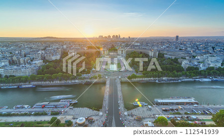 Sunset over Trocadero timelapse with the Palais de Chaillot seen from the Eiffel Tower in Paris, France. 112541939