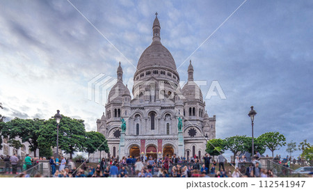 Frontal view of Sacre coeur Sacred Heart cathedral day to night timelapse. Paris, France 112541947
