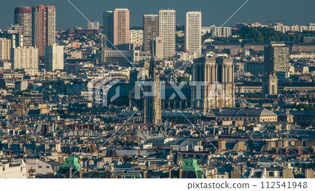 Panorama of Paris aerial timelapse, France. Top view from Montmartre viewpoint. 112541948
