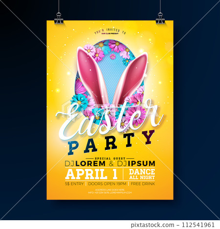 Easter Party Flyer Illustration with Painted Eggs, Rabbit Ears and Flowers on Sun Yellow Background. Vector Spring Religious Holiday Celebration Poster Design Template for Banner or Invitation. Easter Party Flyer Illustration with Painted Eggs, Rabbit Ears and Flowers on Sun Yellow Background. Vector Spring Religious Holiday Celebration Poster Design Template for Banner or Invitation. 112541961
